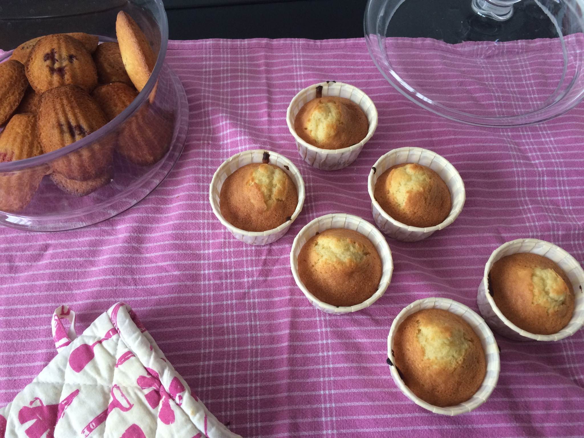 madeleines présentées comme des muffins sur fond rose
